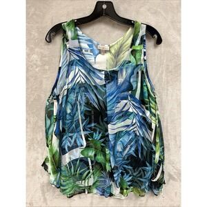 Roz & Ali Top Women's XL Vacation‎ Tropical Coastal Blue Sleeveless Flowy Blouse